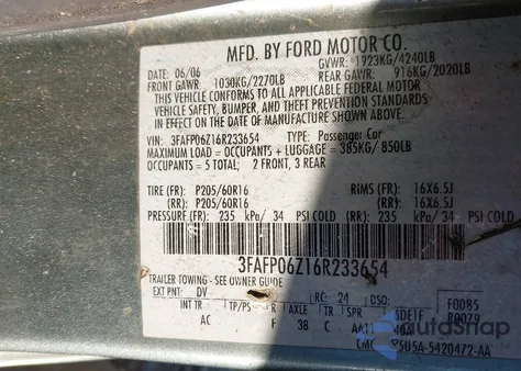 2006 Ford Fusion S z USA, uszkodzony, nr VIN 3FAFP06Z16R233654